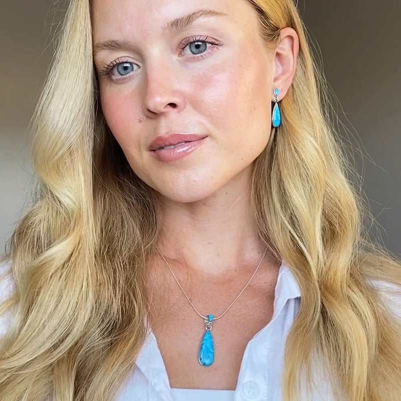 Turquoise Network Sterling Silver Genuine Gemstones Necklace & Earrings Matching Set (Teal/Matrix Turquoise) - Image 2